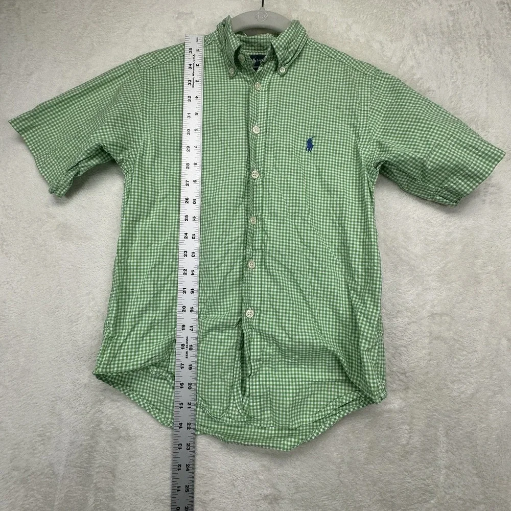 Ralph Lauren Button Shirt Boys S 8 Green Gingham Pony Short Sleeve Preppy